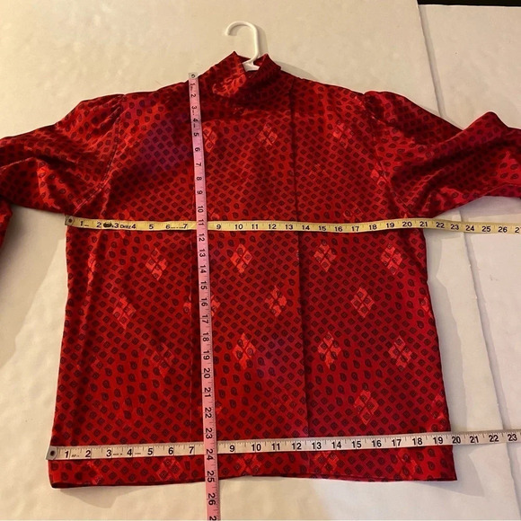 Vintage 90s Satin Mock Neck Blouse Shirt Womens Size Large Red Geometric Paisley - Picture 9 of 10